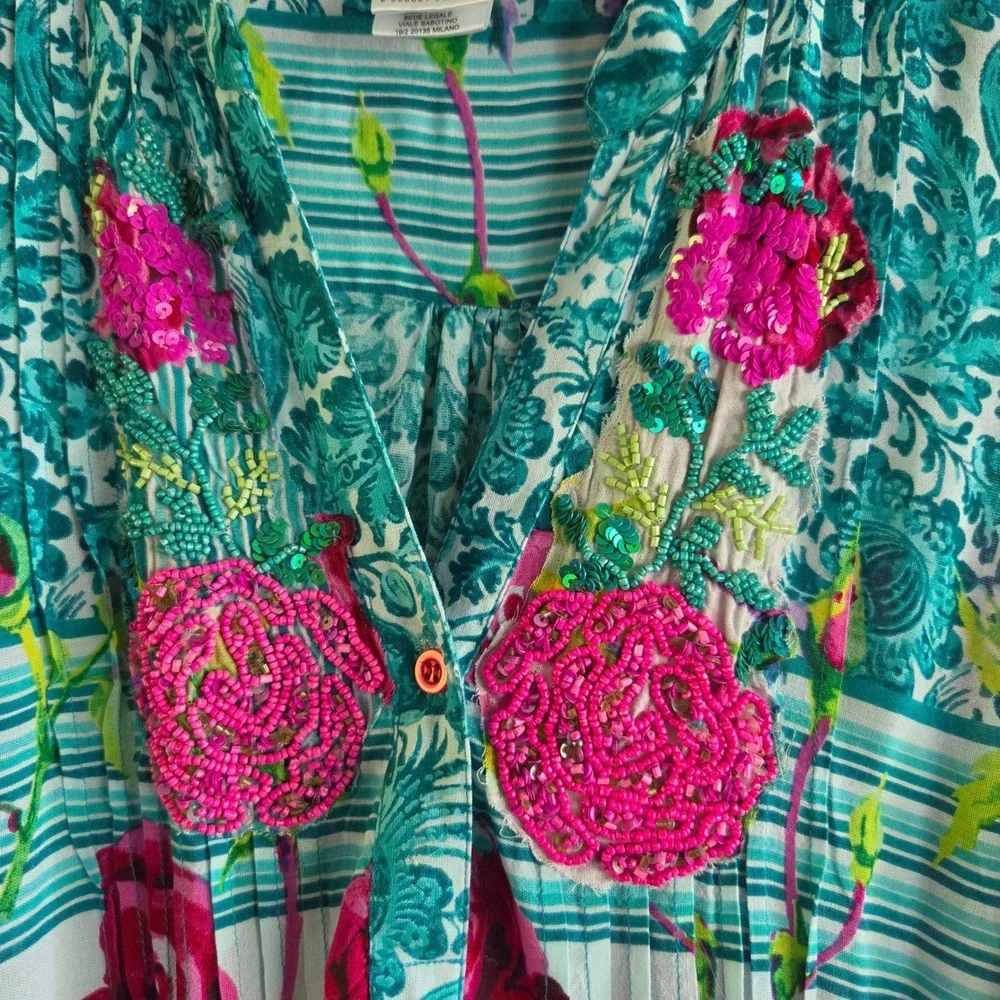 Antica Sartoria Giacomo Cinque Teal Pink Floral Sequin Fringe Mini Dress OS - Picture 8 of 11